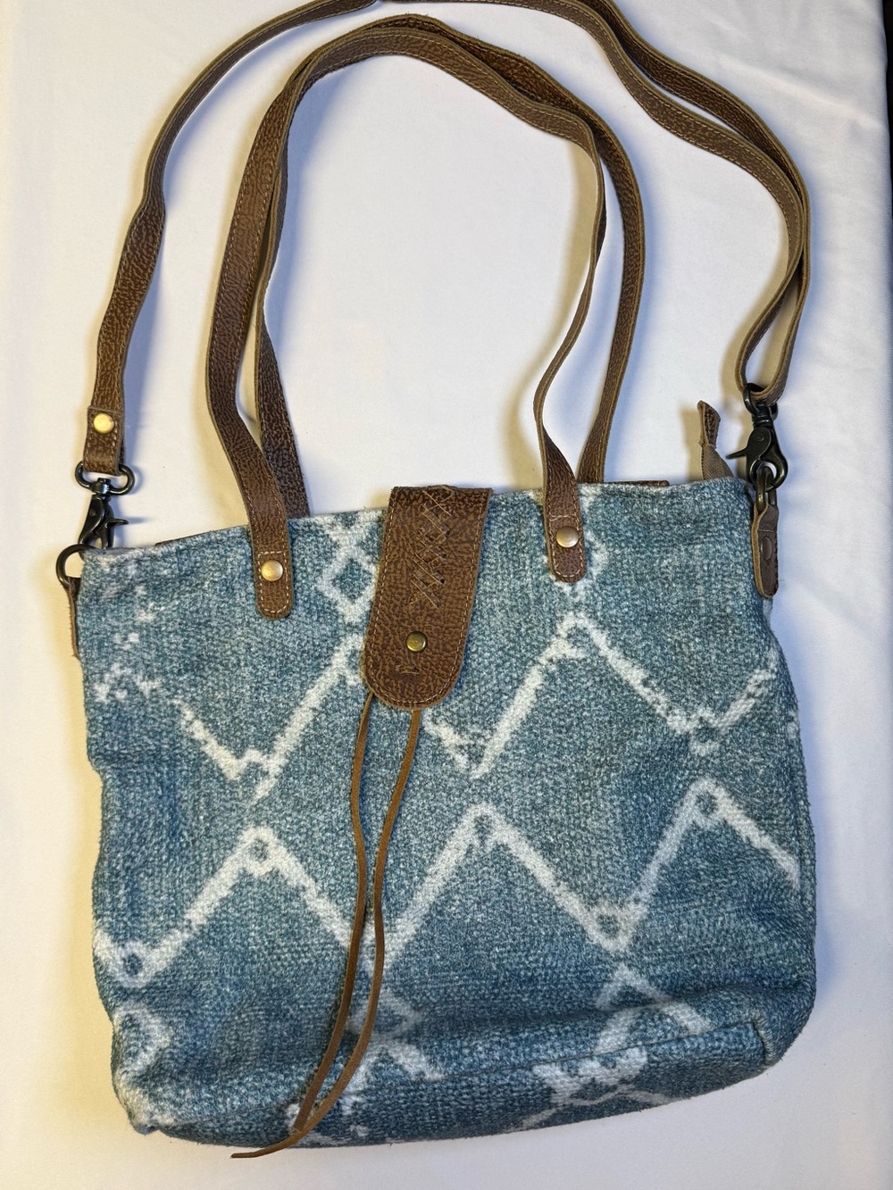 Myra Bag Blue Patterned Tote with Brown Leather Trim